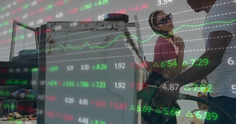 Digital Financial Data Overlay on Petrol Station Scene