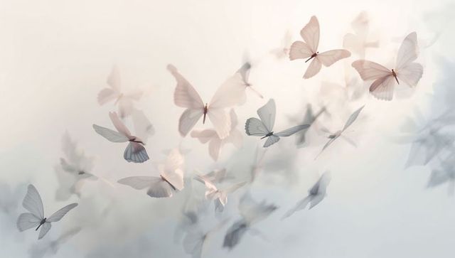 Ethereal pastel butterflies drifting upward in soft bokeh haze for dreamy backgrounds