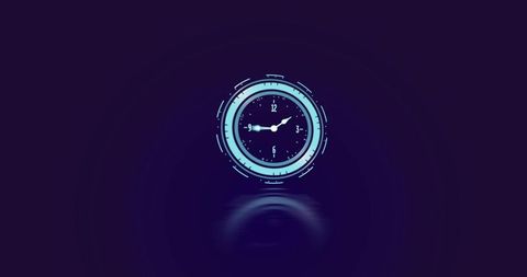 Neon Analog Clock Glowing Blue Futuristic Minimalist Tech Background with Cyan Reflection