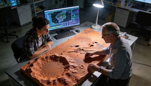 Senior scientist analyzing planetary topography model while mentoring young researcher