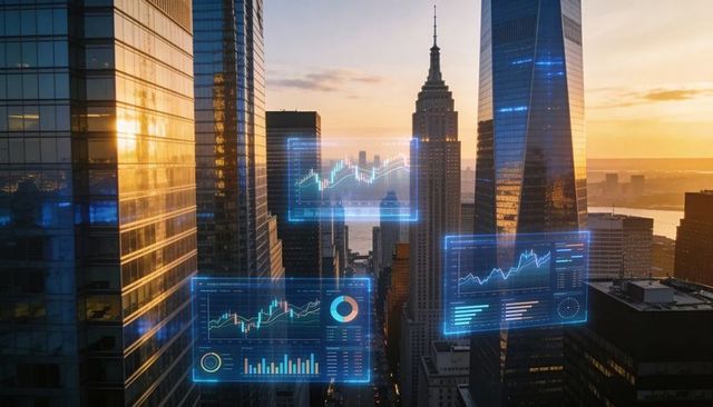Futuristic financial hud over urban canyon sunset skyline with glowing market charts