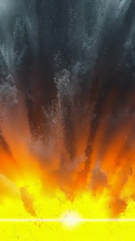 Vertical video fiery horizon blast building and bursting into towering smoke and embers