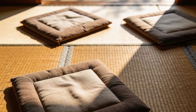 Sunlit zabuton cushions on tatami mats, minimalist japanese interior, tranquil zen space