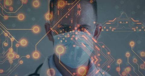 Doctor Wearing Mask and Stethoscope with Futuristic Digital Circuit Overlay