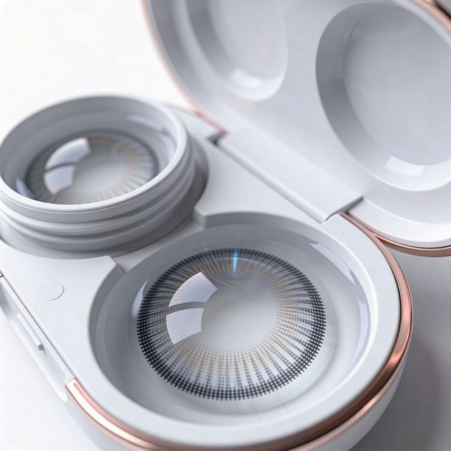 Cosmetic patterned contact lens sitting in white case with rose-gold trim, close-up shine