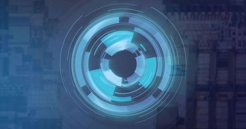 Futuristic Blue HUD Interface with Rotating Concentric Rings and Neon Digital Elements