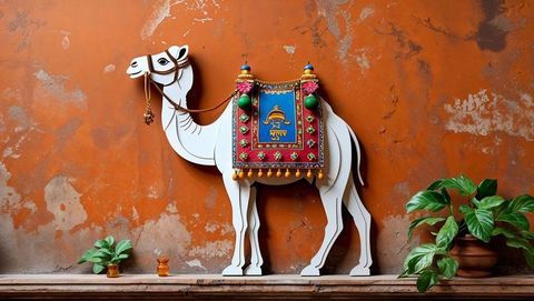 Artisanal camel decor cutout in rustic bohemian interior
