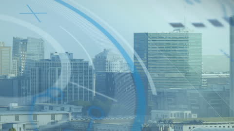 Tech-Inspired Cityscape with Futuristic Interfaces and Graphics