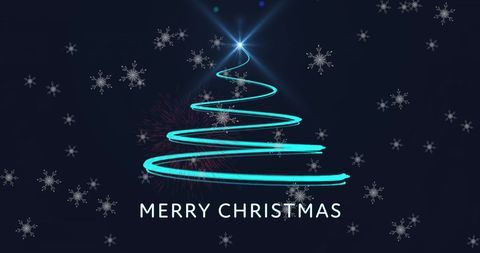 Stylized Christmas Tree with Falling Snowflakes on Dark Background