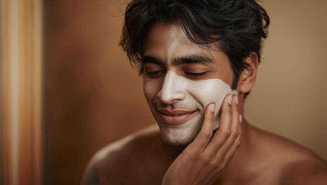 Smiling indian man applying clay facial mask, grooming skin for healthy glowing complexion