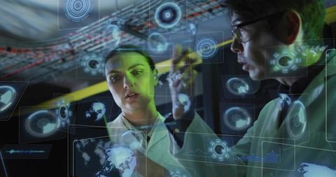 Researchers collaborating on holographic interfaces, analyzing global data in futuristic lab