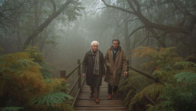 Two senior men walking on narrow wooden bridge through misty forest showing companionship