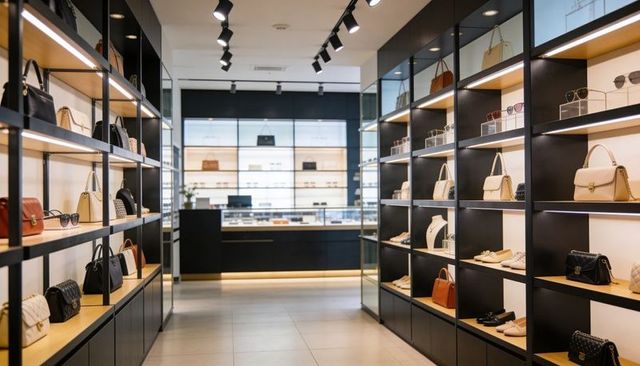 Luxury boutique aisle showcasing designer handbags and sunglasses on minimalist shelving