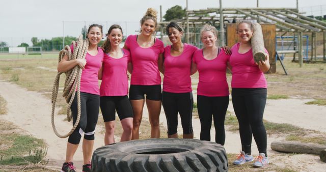 Group of fit, smiling women standing together at an outdoor fitness boot camp, holding exercise equipment such as ropes and a large tire. Perfect for illustrating teamwork, women's fitness, and healthy lifestyle promotion. Ideal for use in fitness blogs, exercise program advertisements, or health and wellness articles.