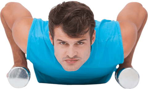 Transparent muscular man doing push ups with dumbbells