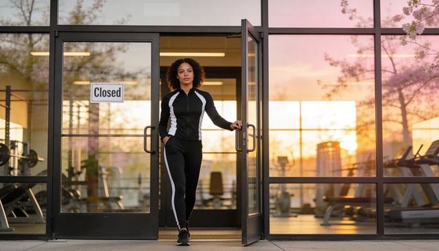 Woman exiting closed gym at sunrise holding door wearing black tracksuit urban glass facade