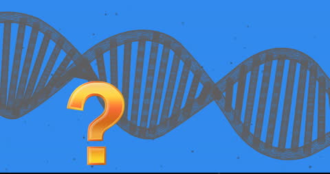 Rotating DNA Helix with Question Mark on Blue Background