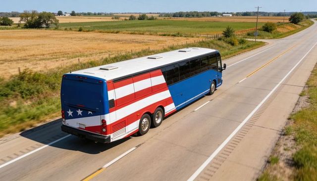 Patriotic stars-and-stripes coach bus driving along rural two-lane highway past farmland
