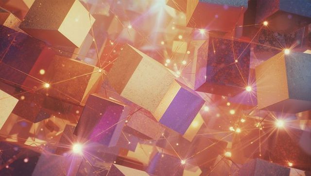 Floating metallic cubes with luminescent nodes illuminating