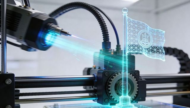 Laser-equipped gantry projecting holographic flag above gear carriage on linear rails