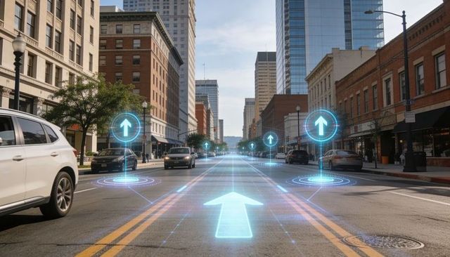 Ar navigation overlay guiding autonomous cars along downtown street with digital markers