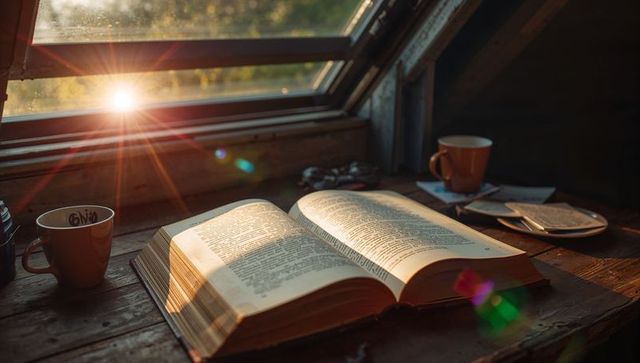 Sunlight Streaming over Open Hardcover Book on Rustic Loft Table with Coffee Mugs and Vintage Camera