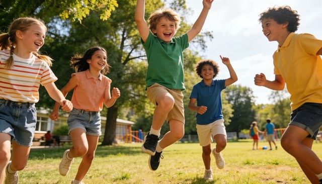 Joyful children jumping and running on school field during recess smiling energetic play