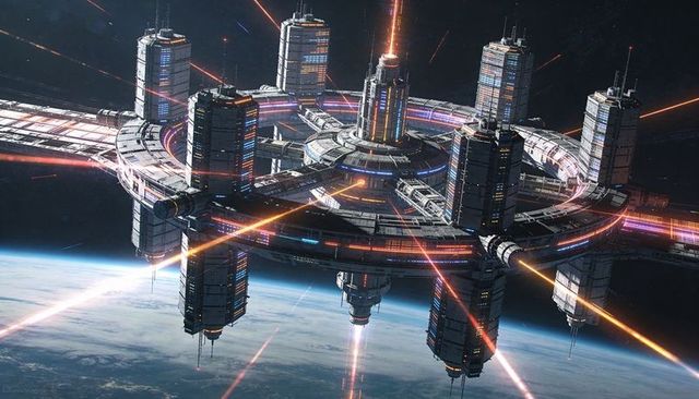 Mega Torus Orbital Station with Docking Towers and Neon Energy Beams over Earth