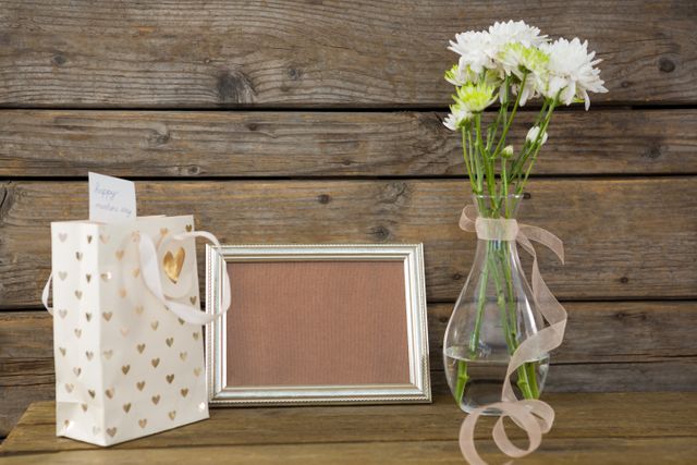 Gift bag, photo frame and flower vase on wooden surface - Download Free Stock Photos Pikwizard.com