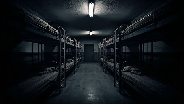 Dimly Lit Dormitory with Metal Bunk Beds in Industrial Space