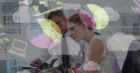 Business Professionals Analyzing Digital Data Overlays in Modern Office