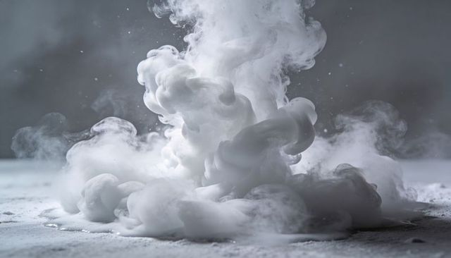 Billowing White Vapor Plume Rising from Powdered Surface, Soft Mist and Droplet Texture