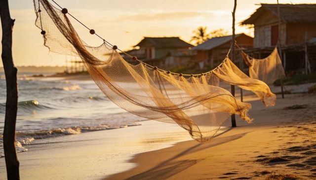 Golden sunset fishing nets billowing on tropical beach with stilt houses and wet sand glow