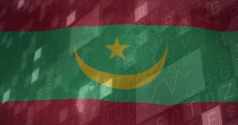 Mauritania flag overlaying digital map and financial graphics