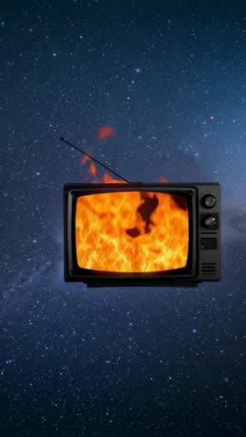 Vintage CRT TV Floating in Cosmic Starfield Powering on Emitting Flames Vertical Video