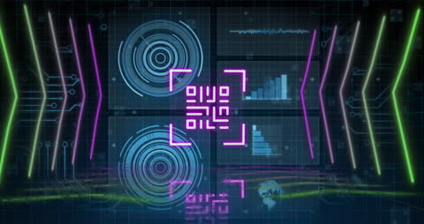 Futuristic QR Code Interface with Data Analytics Overlay