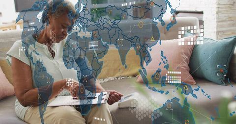 Senior woman writing on clipboard during telehealth consultation with global data overlay