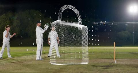 Holographic wireframe padlock over cricket stumps at night representing sports security