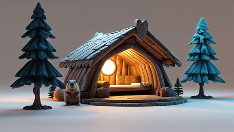 Cozy wooden cabin in snowy wilderness with a beaver standing beside it