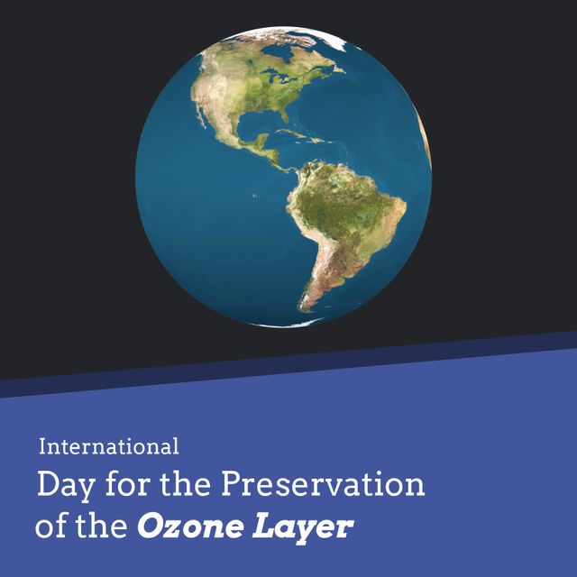 Illustration featuring Earth accompanied by text 'International Day for the Preservation of the Ozone Layer'. Useful for promoting awareness about environmental issues, educational purposes, sustainability campaigns, and global conservation efforts. Themes of environmental protection and planetary health.