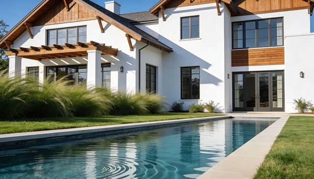 Sunlit modern farmhouse with rectangular lap pool, pergola and wood-accented white facade