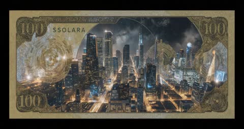 Looping SSOLARA 100 Note Displaying Futuristic City Skyline