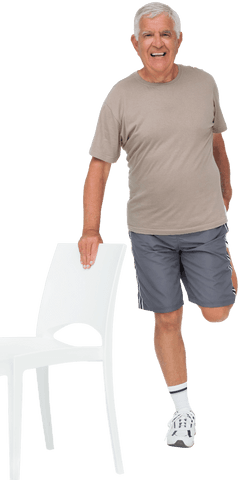 happy senior man stretching leg with chair on transparent background - Download Free Stock Videos Pikwizard.com