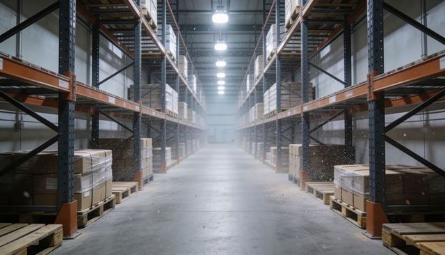 High-bay warehouse aisle with steel pallet racking and wrapped pallets, moody lighting
