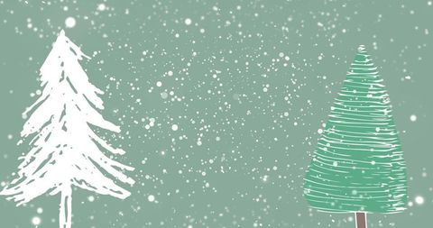 Minimalist Winter Scene with Evergreen Trees and Falling Snowflakes