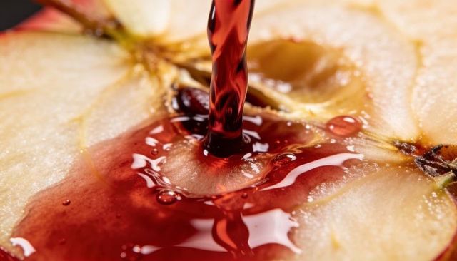 Pouring crimson liquid into apple cross-section, glossy wet core and seeds macro