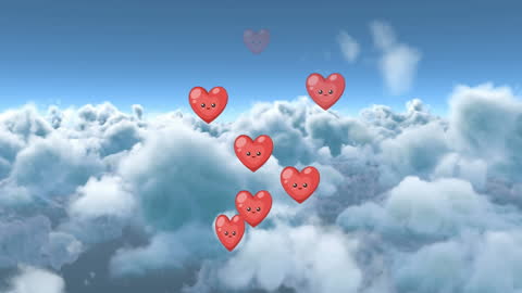 Floating Heart Emojis in Cloudy Blue Sky