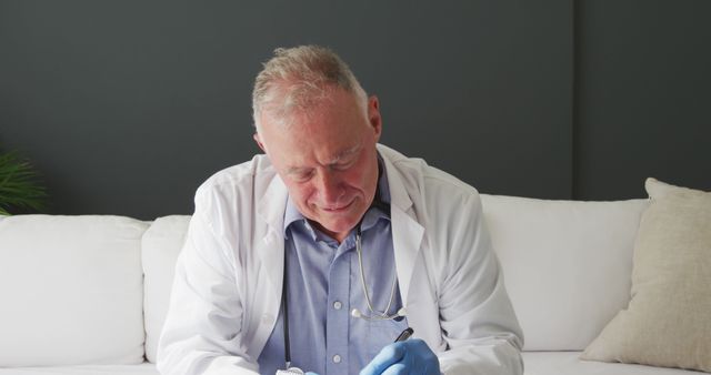 Senior doctor sitting on a white sofa reviewing patient records in a modern office. This image can be used in medical and healthcare websites, brochures, and advertisements to highlight experienced healthcare professionals and convey a sense of trust and reliability.