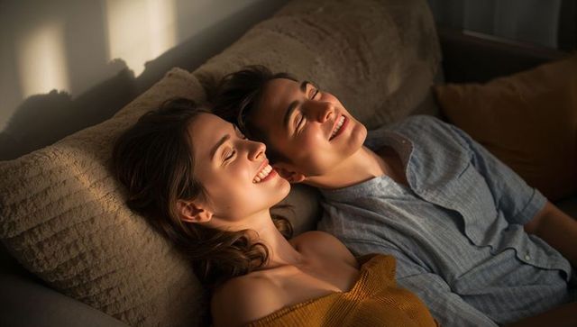 Young couple relaxing on sunlit sofa sharing intimate cozy moment of warmth and laughter