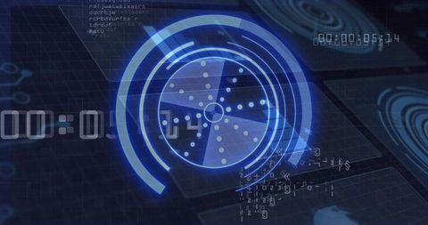 Futuristic blue hud radar interface with concentric rings and digital timer overlay